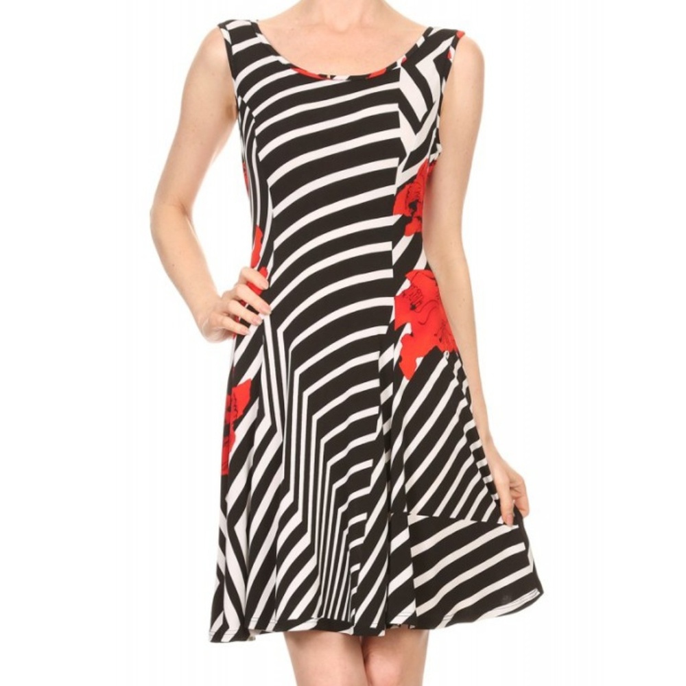 Sleeveless Stripes & Floral Printed A-Line Dress